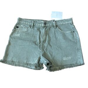 KanCan High Rise Frayed Hem Distressed Olive Green Denim Shorts - size 11/29